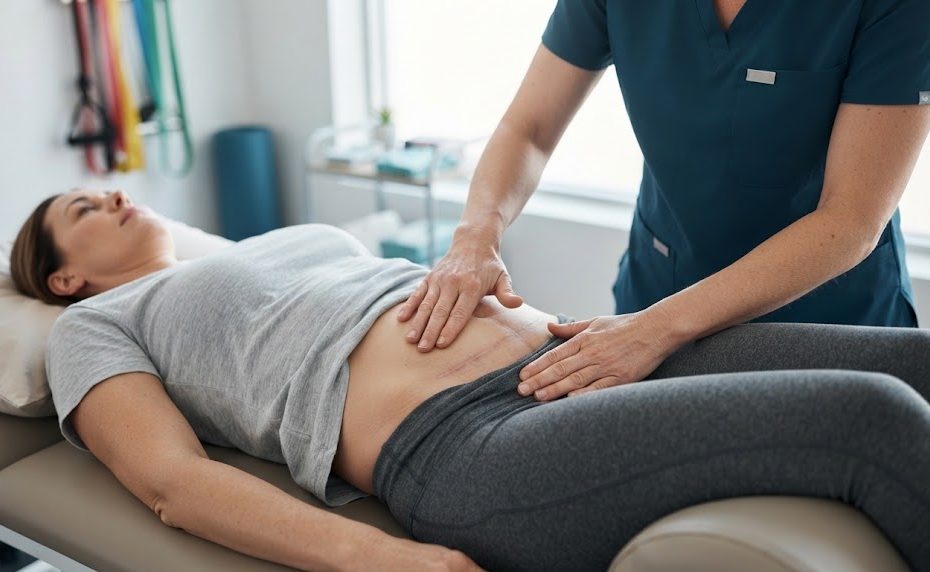 Séance de rééducation manuelle et massage cicatriciel de l'abdomen par un kinésithérapeute au cabinet Kiné Sport Santé à Lourdes